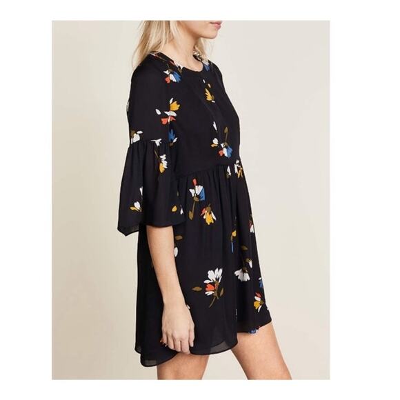 Joie Avari  Silk Boho Baby Doll Dress Black Floral Print Mini Bell Sleeves SZ SM - Picture 5 of 11